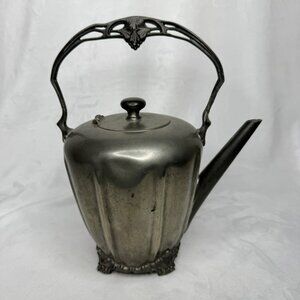Antique Queen City Silver Co Pewter Teapot With Ornate Handle & Spout